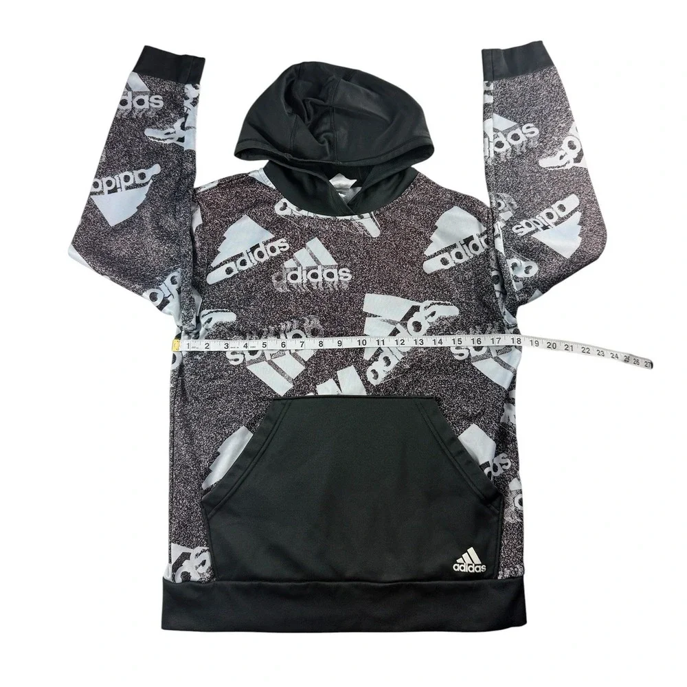 Adidas Boys Large 14/16 Pullover Hoodie Black White All Over Logo Print Sporty